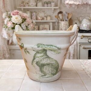 Toile Easter Bunny Ceramic Bucket Green Floral Farmhouse Shabby Chic Decor 5"